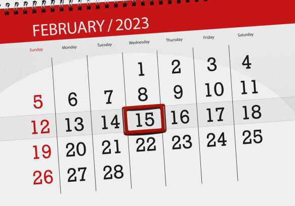 Calendar 2023, deadline, day, month, page, organizer, date, february, wednesday, number 15.
